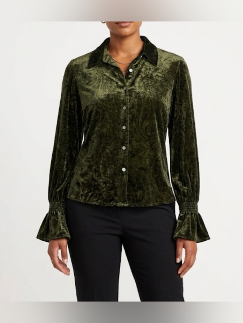 Kate Hill Petite Dark Green Crushed Velvet Paisley Button Down Blouse 8P Ruffle